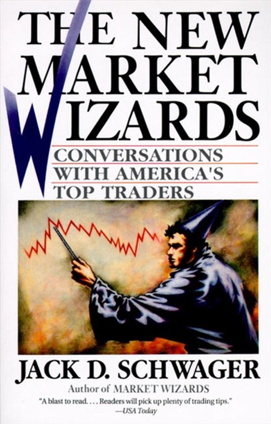 Boekomslag met de titel 'THE NEW MARKET WIZARDS' en een illustratie van een tovenaar met een puntmuts die naar een beursgrafiek wijst.