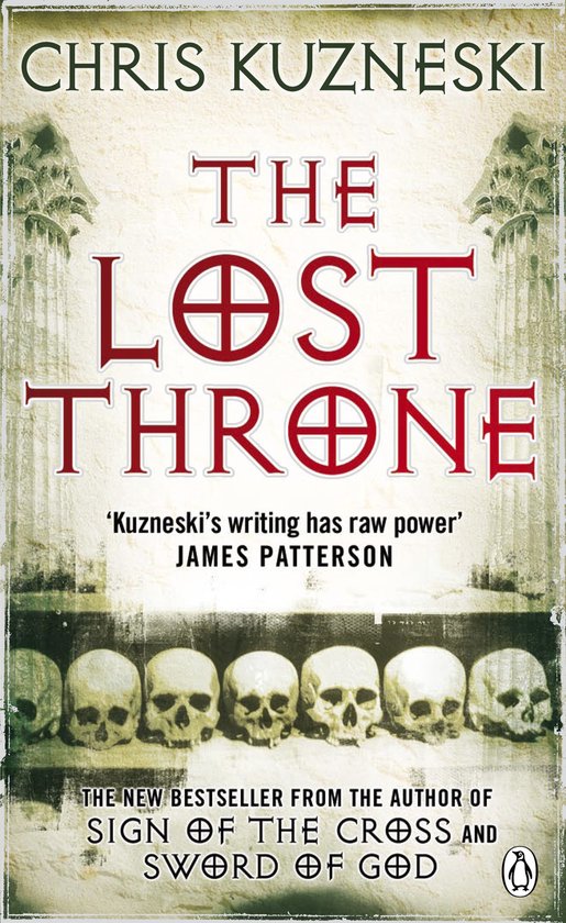 Boek 'The Lost Throne' met rode letters, een cirkel met een kruis en een rij schedels.