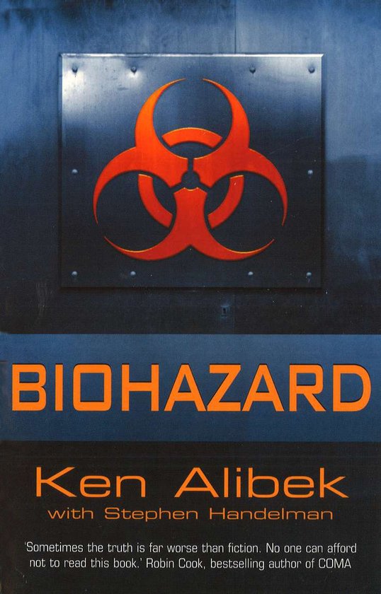 Boek 'BIOHAZARD' van Ken Alibek, met een rode biohazard symbool op een donkere achtergrond.