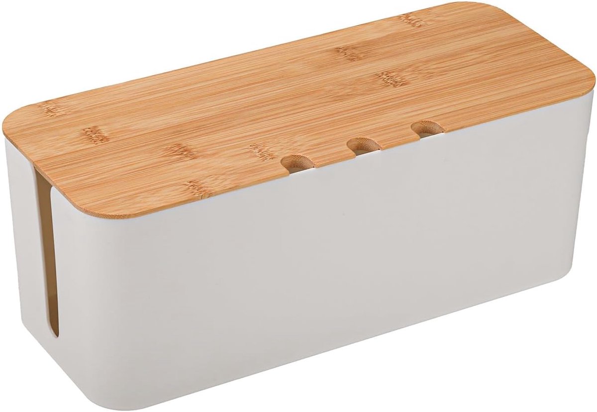 Famanu - Kabelmanagementbox, opbergdoos voor kabels met bamboedeksel, 23,5 x 12 x 11,5 cm, kabelmanagementbox, kabelorganisatorbox voor het verbergen en ordenen van kabels, wit