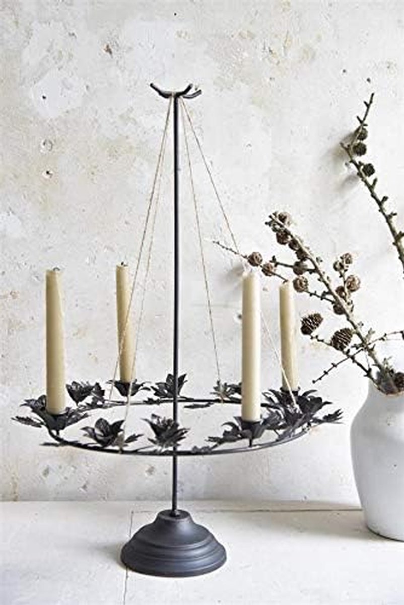 Krans Kandelaar - Bloemenkrans Kaarsen - Sfeervol Huis - Handgemaakt IJzer - 50 cm Hoog - Antiek Zwart