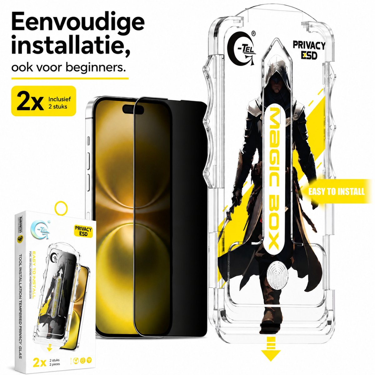 iPhone 16 Pro Privacy Screenprotector met Installatieframe – Anti-Spy Gehard Glas 9H
