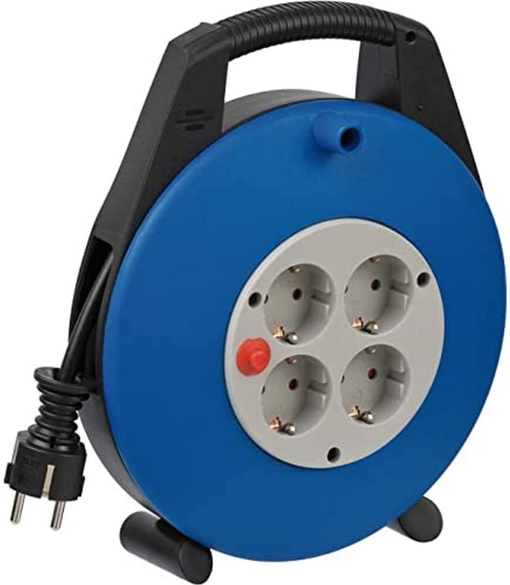 Famanu - Kabelbox, 4-voudig, mini-kabelhaspel (indoor kabelhaspel voor huishouden, 10 m kabel), zwart/grijs/blauw