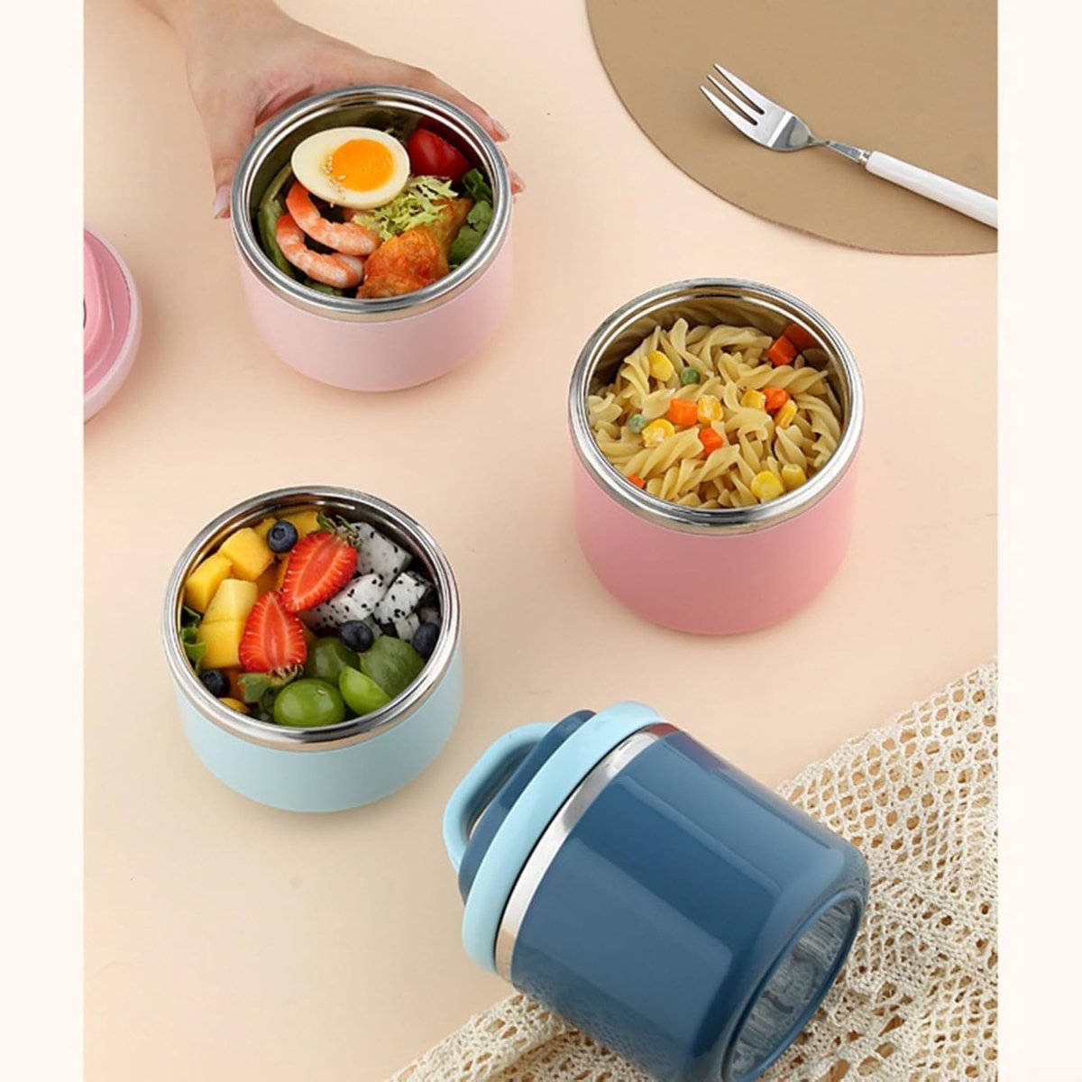 Lunchbox Roestvrij Staal - Maaltijdcontainer - Warme Koude Maaltijden - Stapelbaar Lekvrij Ontwerp - 3 Lagen - Blauw