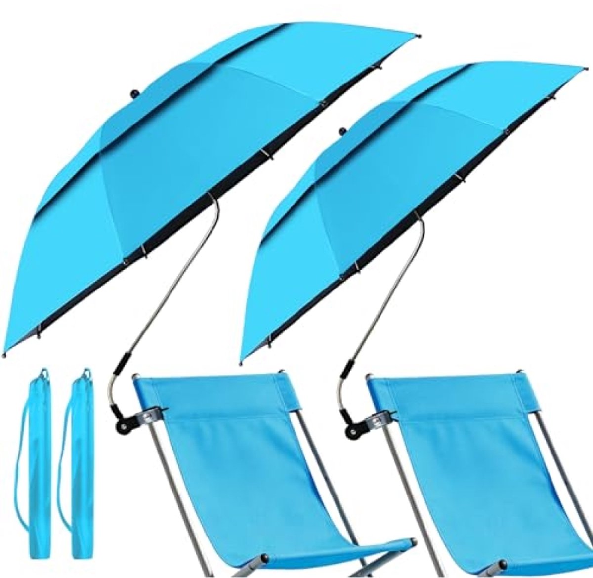 ModernStore Set van 2 strandparasols met klem, UPF 50+, 360° verstelbaar, dubbellaagse luifel – voor strandstoel, campingstoel, rolstoel, golfkar, terras & festival