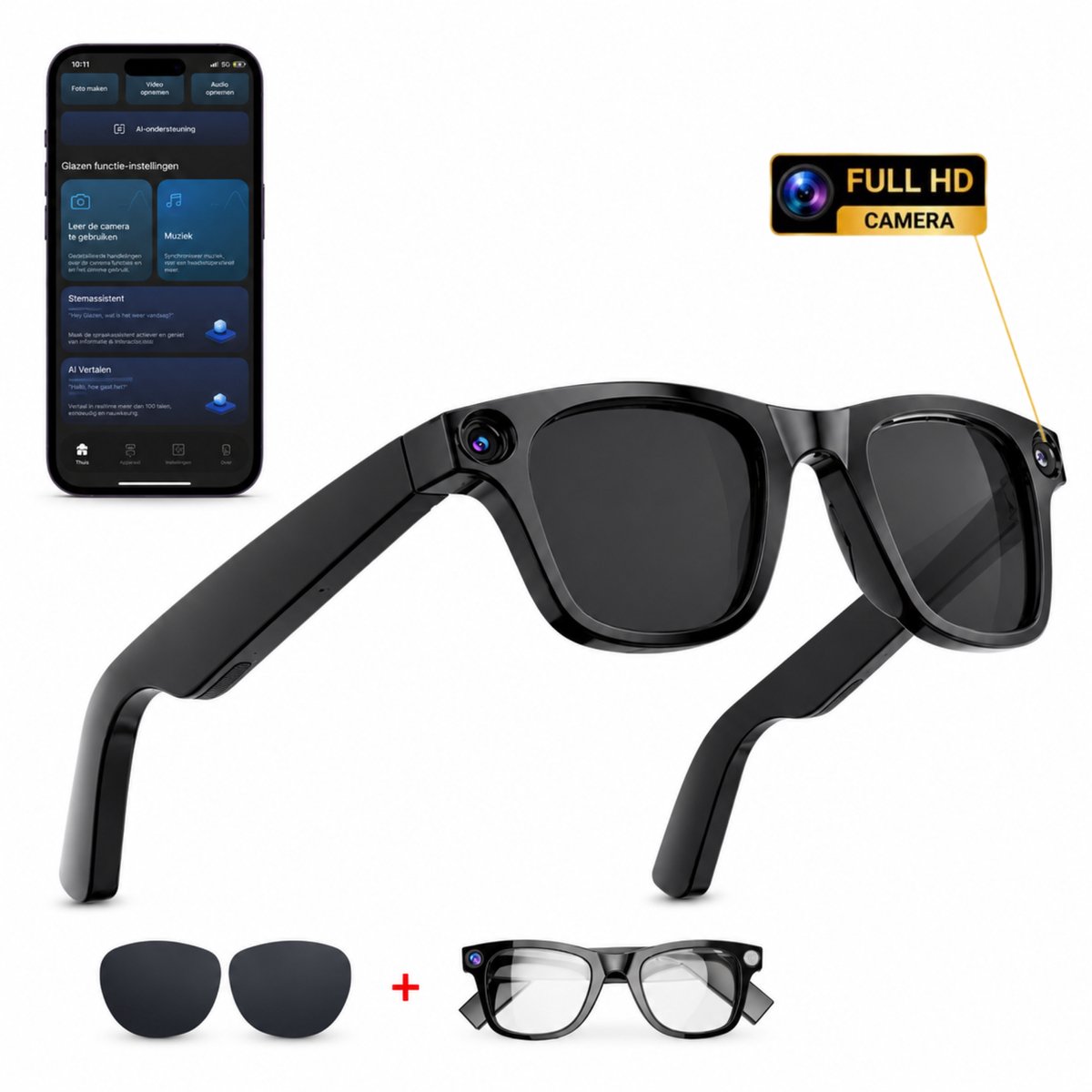 SolutionMarket® AI Smart Glasses – Full HD Camera Bril – Bluetooth Muziek – Vertaalfunctie – Clip-On Zonneglazen – Nederlandse App