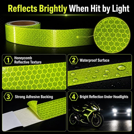 Groene reflecterende tape met honingraatpatroon, met details over de structuur, waterdichtheid en sterke lijm.