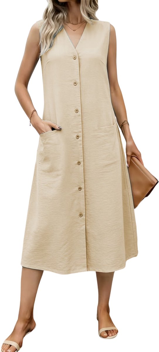 Currero Zomerjurk Dames Zomerjurken Volwassenen Vrouwen Midi Jurk Ibiza Stijl Sundress Dress XL Creme