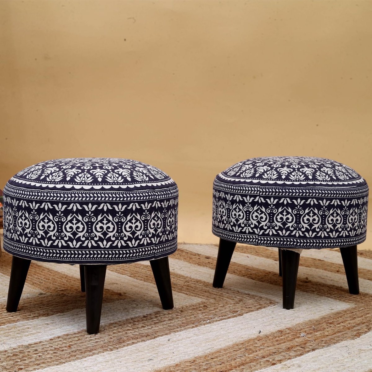 Ottomaanse poef - Voetsteun kruk - Woonkamer decoratie - Mangohouten basis - 355 cm - Blauwe mandala