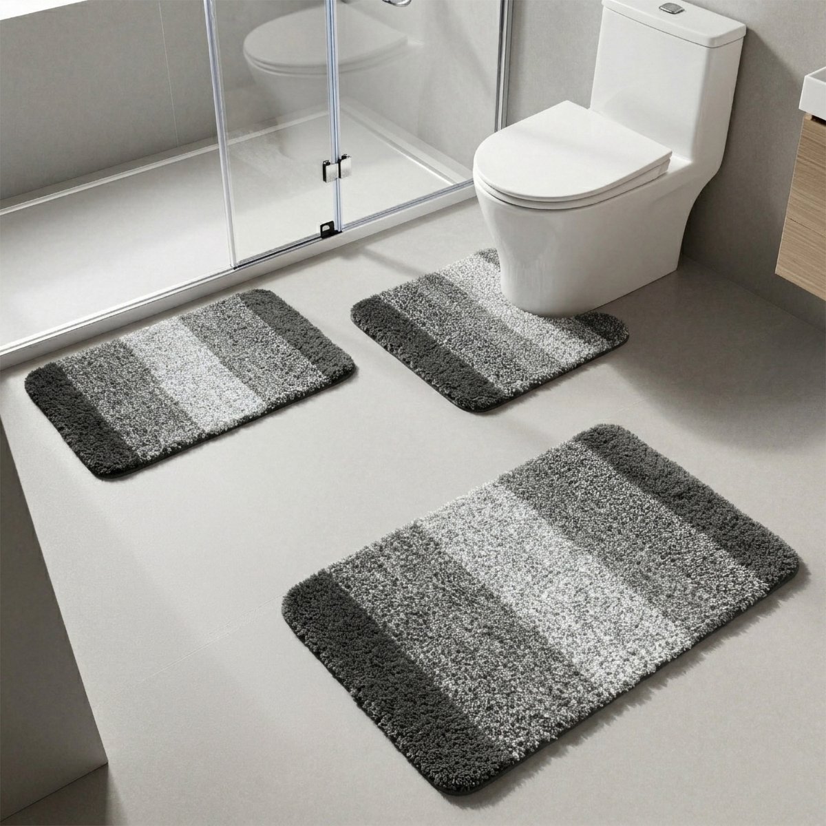 Luxe Badmat Set 3-Delig – Microvezel Badkamermatten – Antislip TPR – Super Zacht – Waterabsorberend – Machinewasbaar – Badkamer & Toiletmat – Lichtgrijs/Grijs