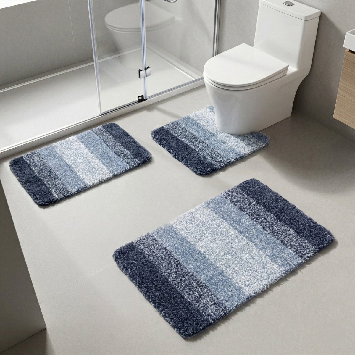 Luxe Badmat Set 3-Delig – Microvezel Badkamermatten – Antislip TPR – Super Zacht – Waterabsorberend – Machinewasbaar – Badkamer & Toiletmat – Blauw