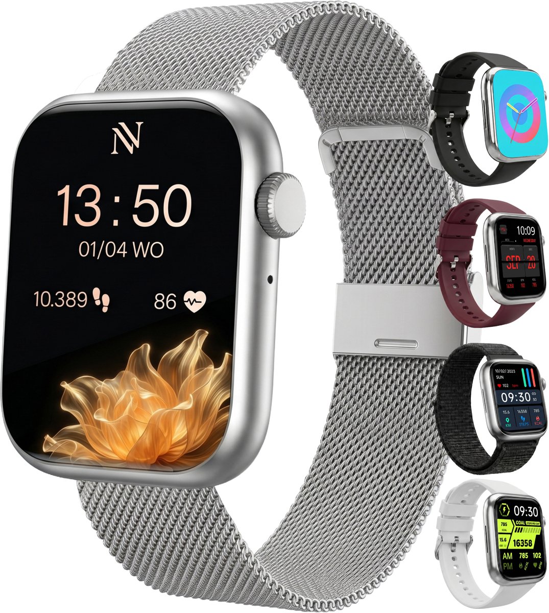 Nuvance Smartwatch Dames - Stappenteller Horloge Dames - Hartslagmeter Horloge - Geschikt voor iOS/Android - Incl. 5 Bandjes - Zilver