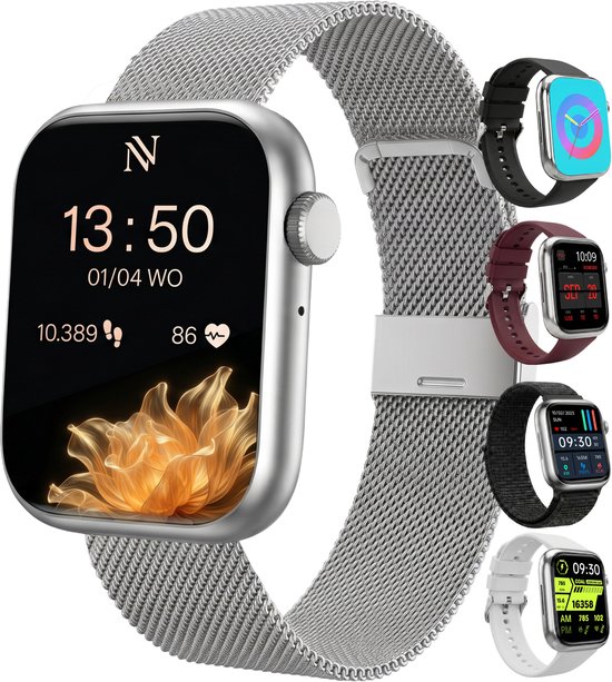 Nuvance Smartwatch Dames - Smartwatch Heren - Stappenteller Horloge Dames - Hartslagmeter - Sporthorloge - Geschikt voor iOS/Android - Incl. 5 Bandjes - Zilver