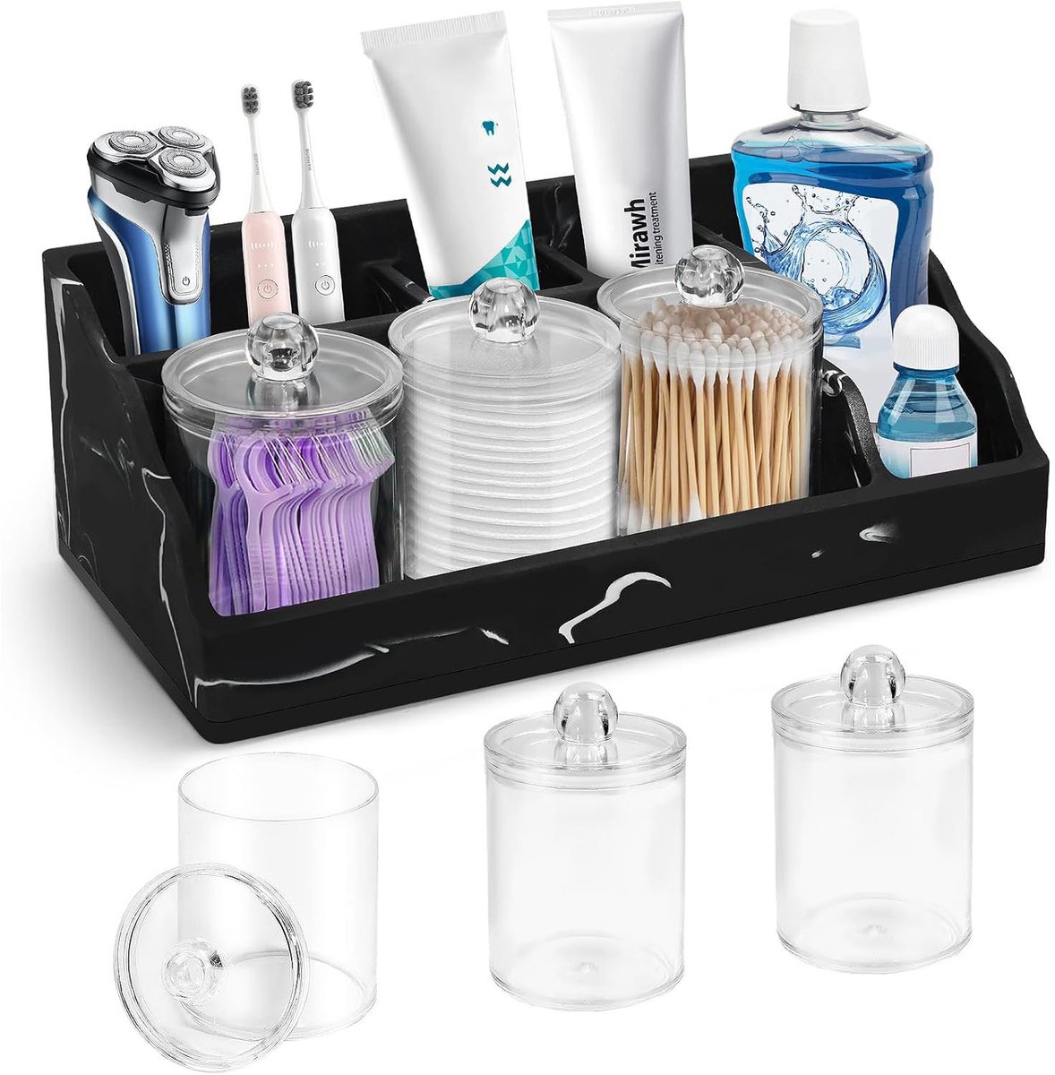 Tandenborstelhouder Badkamer van Hars - Badkamer Organizer met Opbergpot en 3 Accessoires - Opbergrek voor Tandenborstels, Tandpasta en Badkameraccessoires - Zwart