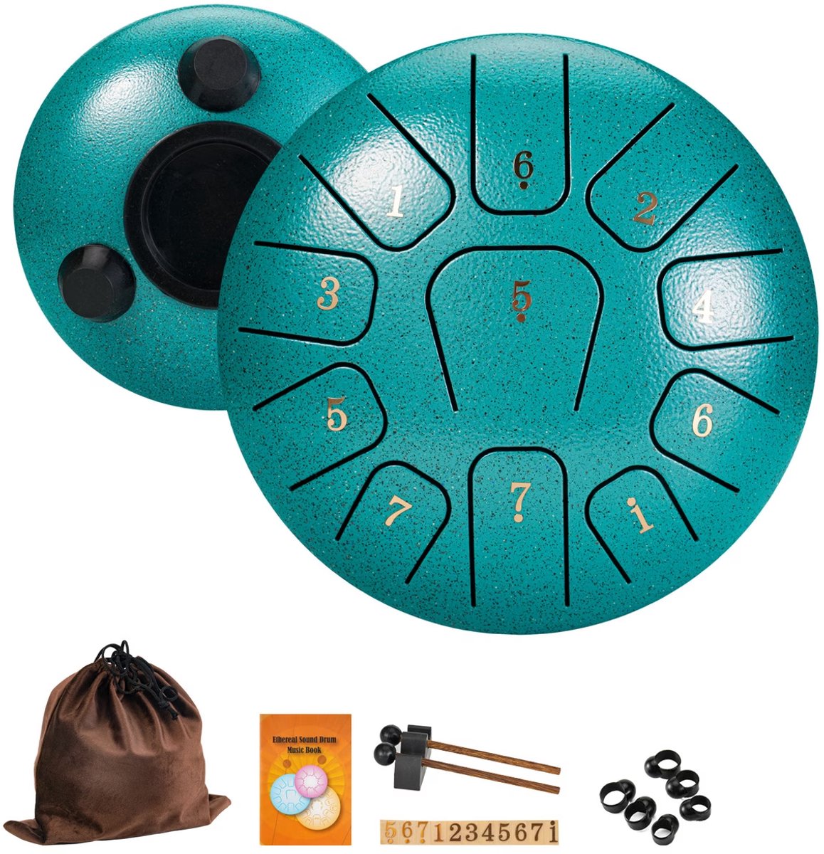 Lzwintrading Stalen Tongtrommel - 6 inch - 11 Tonen - Drum - Percussie - Stalen Instrument - Staaldruminstrument - Handpan Trommel met Stokken, Draagtas, Vingerbescherming - Handpalmtrommel voor Yoga, Meditatie, Muziekonderwijs , Cadeau - Malachiet