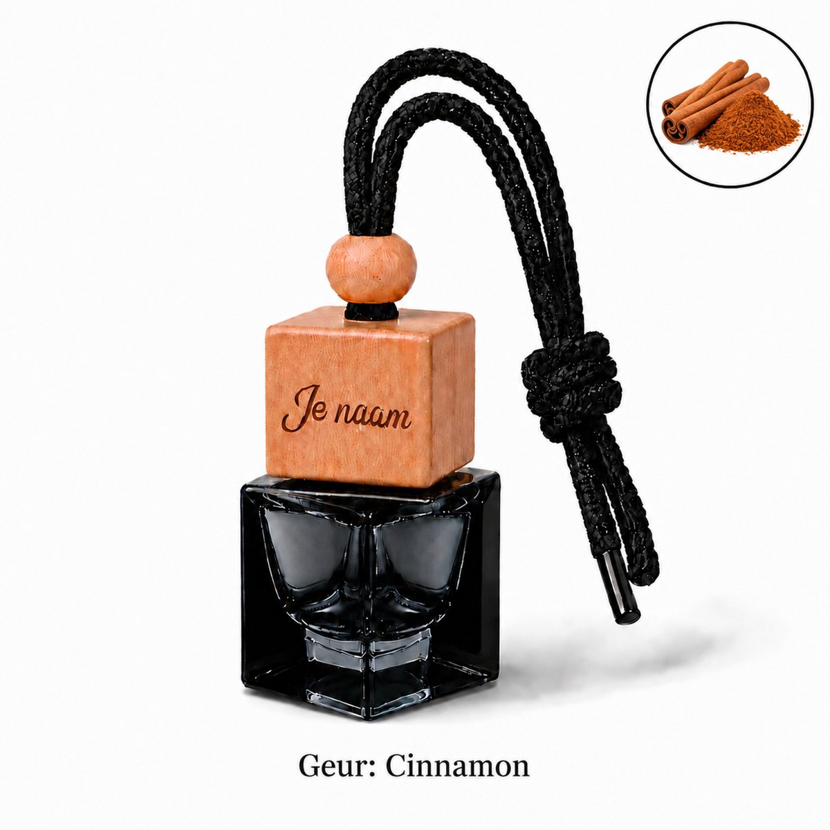Autoparfum met eigen naam - Cinnamon - Huisparfum - Toiletparfum - Laser gegraveerd - Hanger met koord - 8 ml inhoud