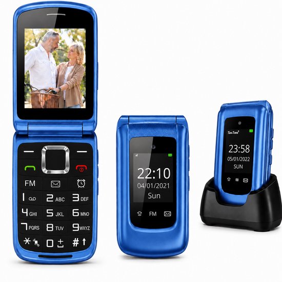 Blauwe klaptelefoon, opengeklapt met een afbeelding van een ouder koppel, gesloten met display en op laadstation.