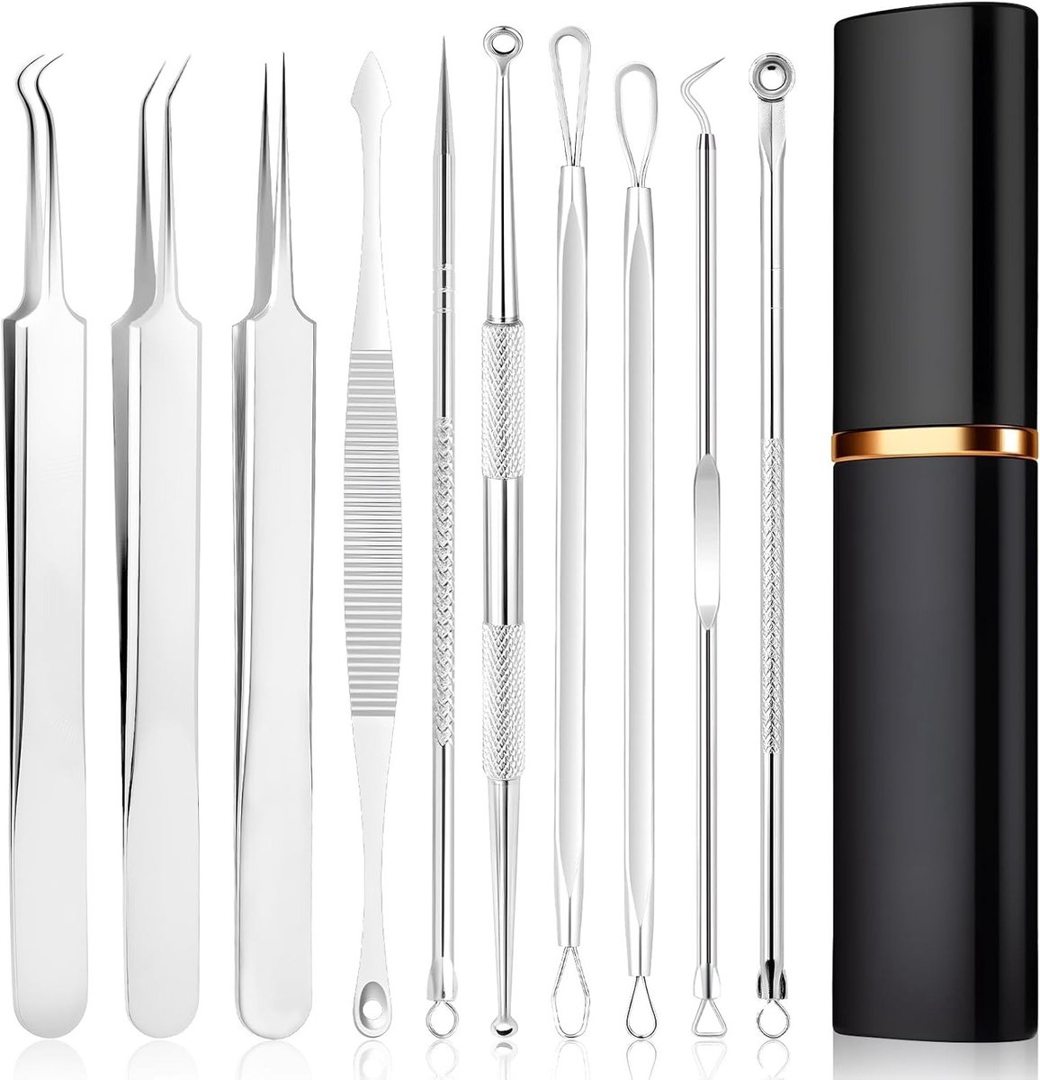 10-in-1 Comedo Puller Set voor het Verwijderen van Mee-eters, Pukkels en Puisten - RVS Extractor Set met Opbergdoos voor Thuisgebruik en Huidverzorging