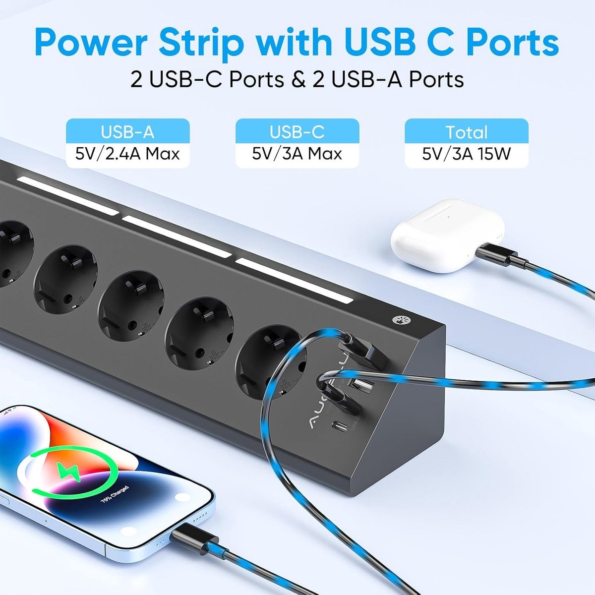 Meervoudige Stekkerdoos - Wit - 5 Stopcontacten - 4 USB Aansluitingen - Voor Thuis en Kantoor