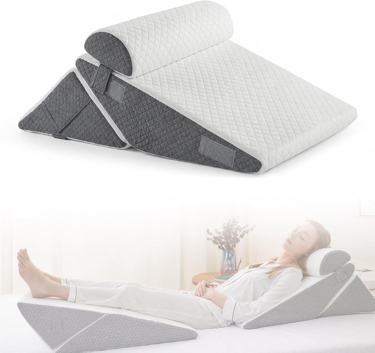 Verstelbaar 3-in-1 wigkussen voor bed en bank, ideaal als refluxkussen en leeskussen voor optimale slaapverhoging en rugsteun