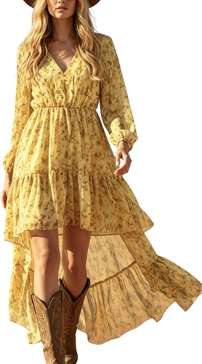Currero Zomerjurk Dames Zomerjurken Volwassenen Vrouwen Midi Jurk Ibiza Stijl Sundress Dress Geelbruin L