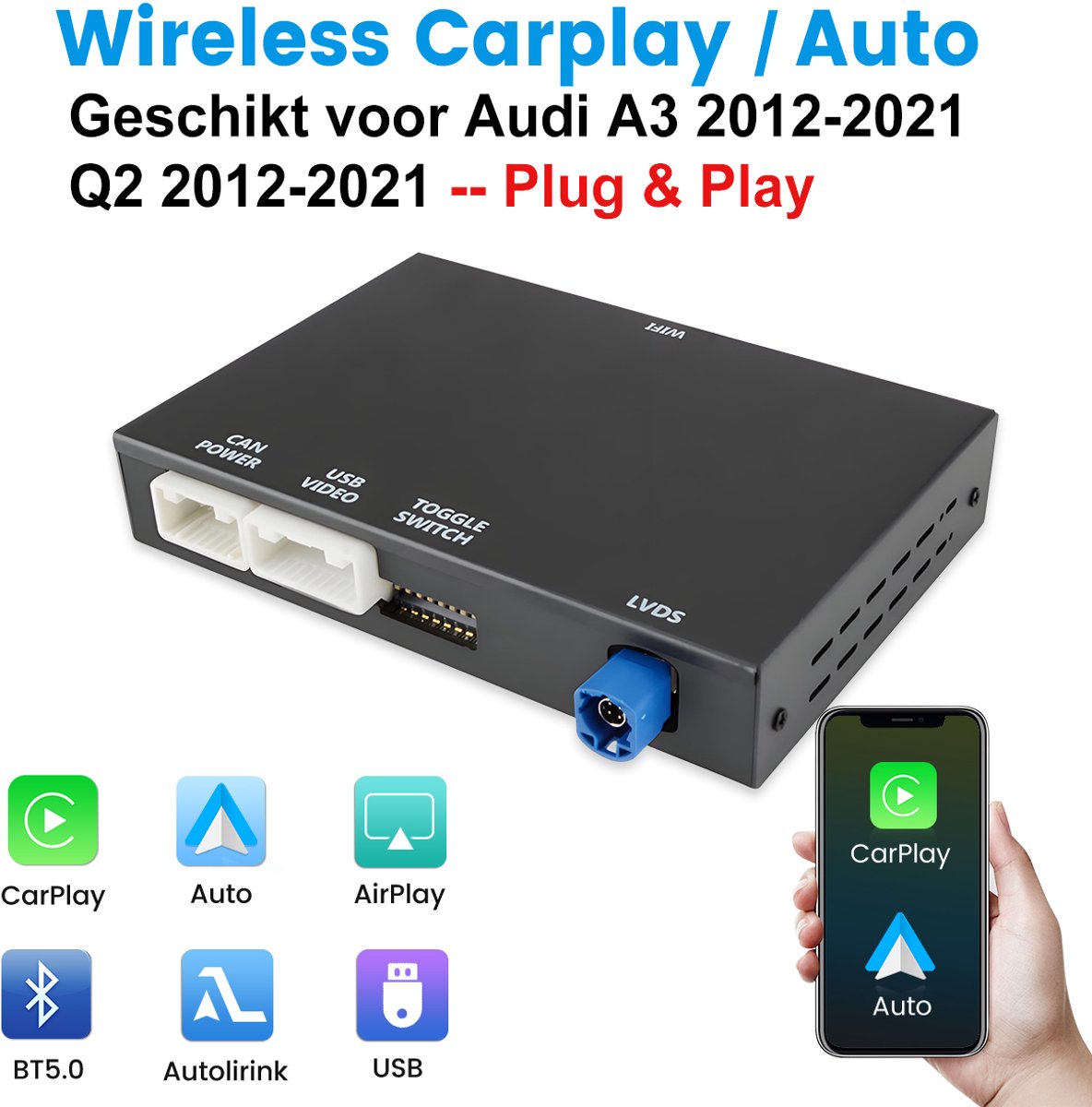 Junsun Draadloze CarPlay & Android Auto interface Geschikt voor Audi A3 2012-2021 Q2 2012-2021 - Plug & Play - USB-afspelen - 720P camera - WiFi