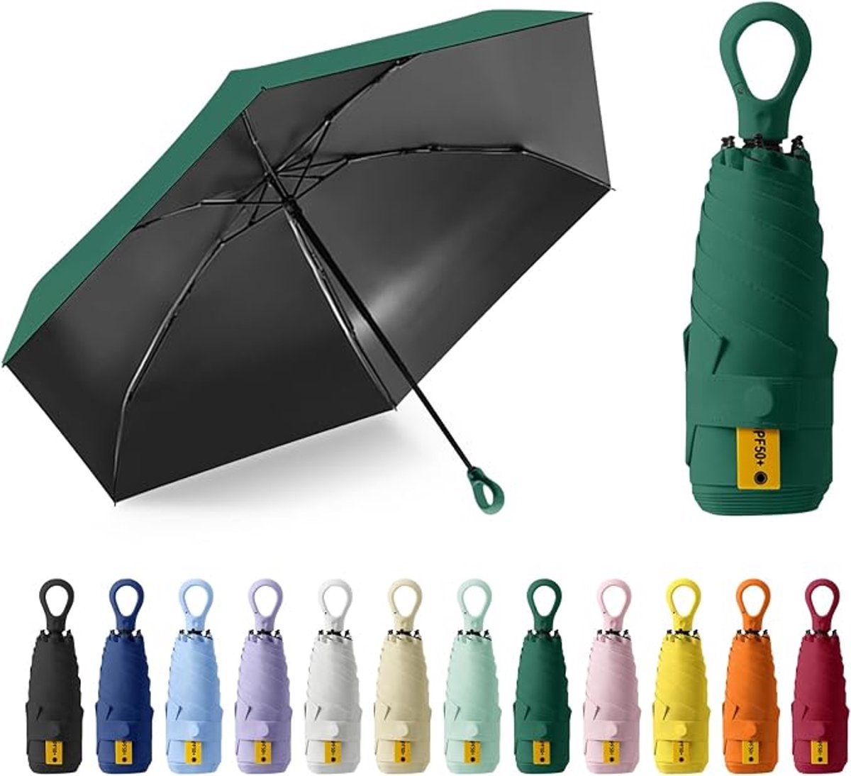 Zonneparaplu, zakparaplu, UPF50+, mini-paraplu met 6 baleinen, ringhandvat en opbergdoosje, geschikt voor zonnige en regenachtige dagen - donkergroen.
