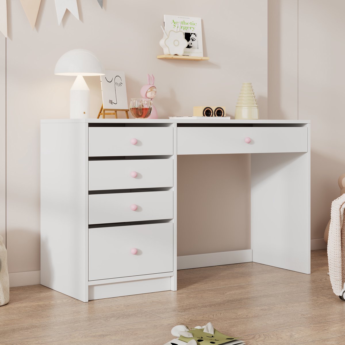 MIVRAY Kinderbureau - Multifunctioneel Met 5 Laden En Keramische Grepen - Voor Slaapkamer En Werkkamer - Wit - 120x45x74 Cm