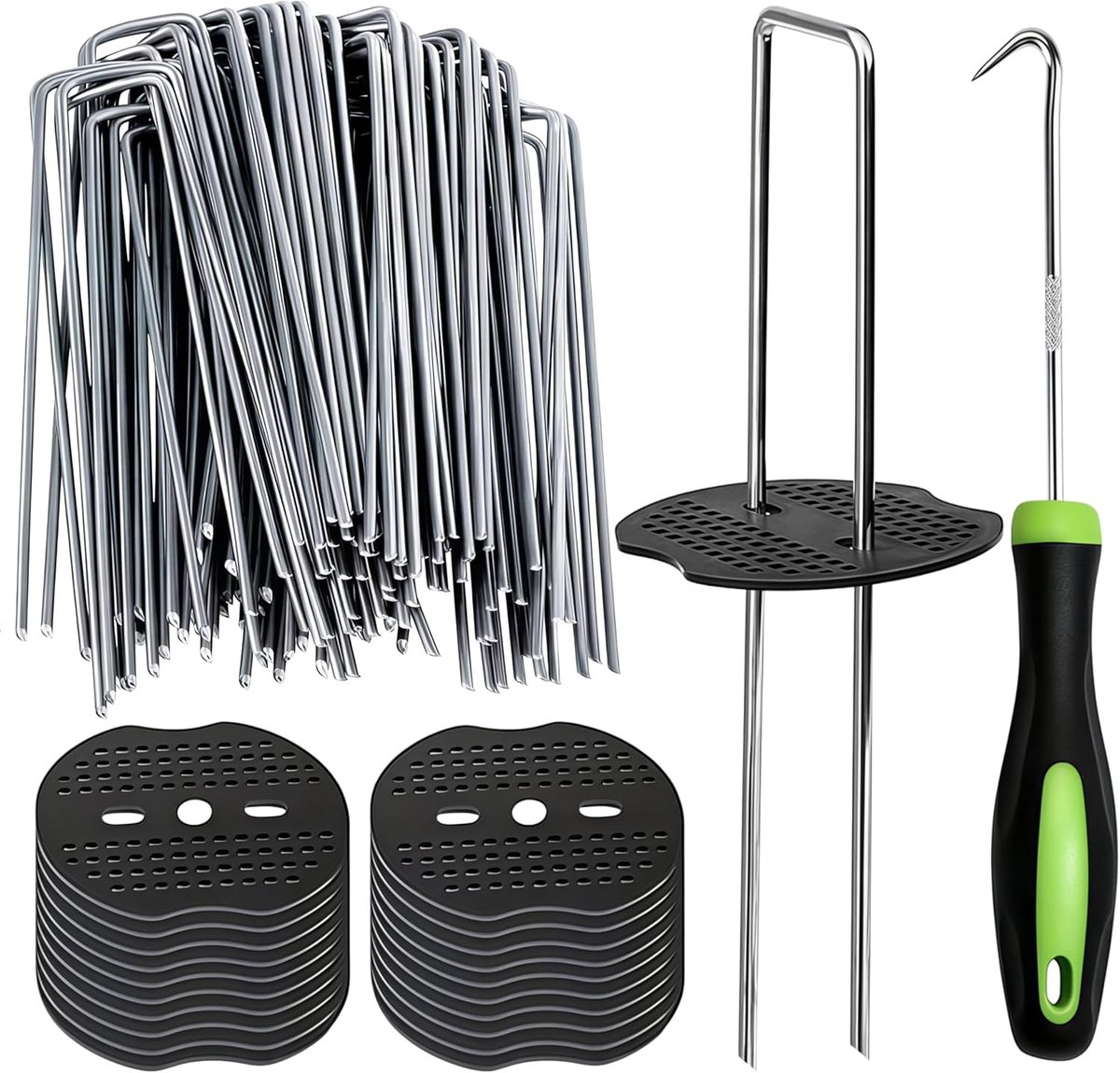 101-Delige Set Grondpennen - U-Vormige Pennen - Tent Pegs - Tuinankers - 6-Inch (11-Gauge) - 50 U-Vormige Grondnieten, 50 Bevestigingsringen en 1 Haak - Voor Onkruiddoek, Bodembedekking en Het Vastzetten Van Hekwerk