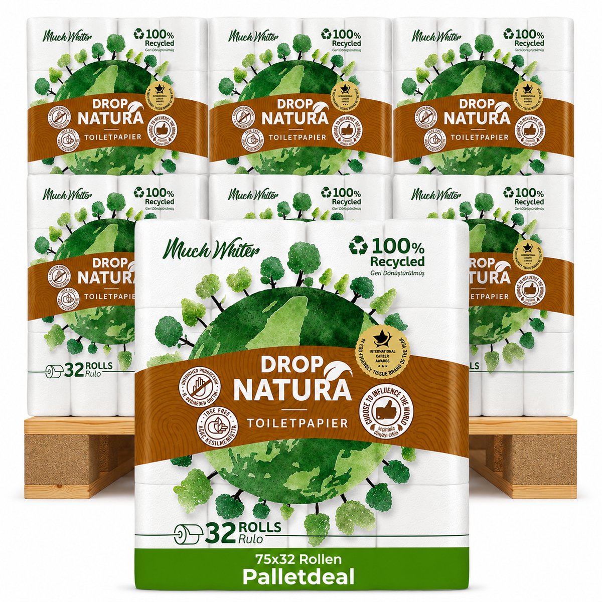 DROP Natura - 75x32 rollen toiletpapier - 2400 Rollen - Pallet voordeel - Ultiem comfort WC Papier, Superieure sterkte, Maximale absorptie & Pluisvrij - Voordeelverpakking WC Papier