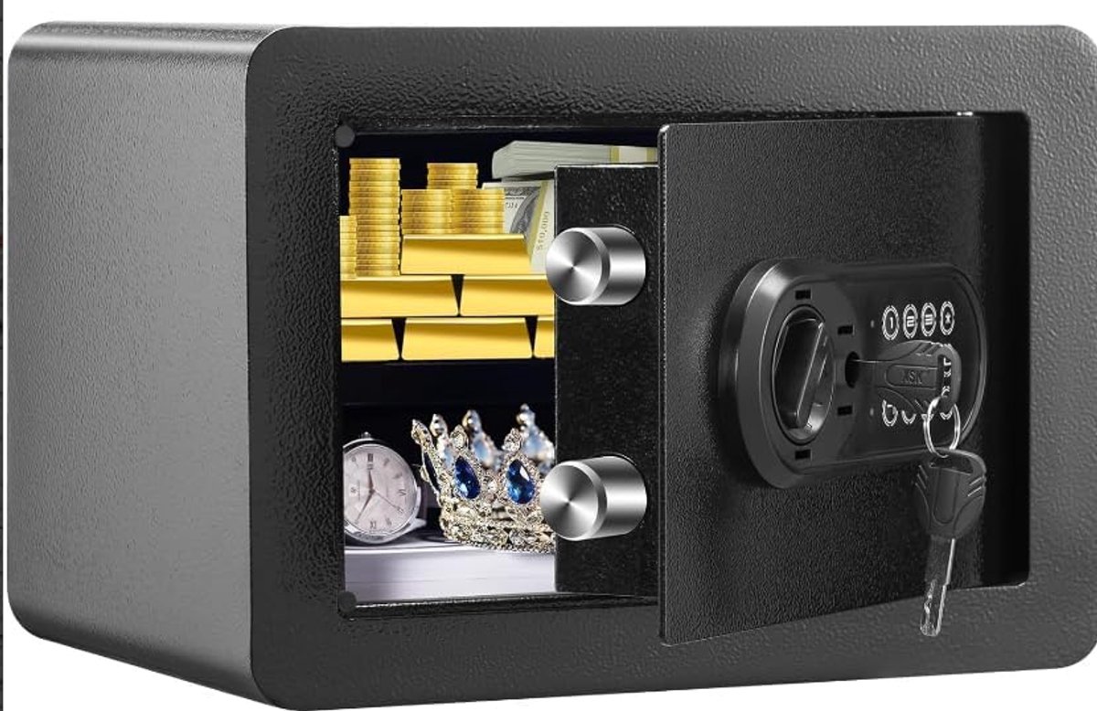 Elektronische Kluis met Cijferslot & Sleutels - Digitale Brandkast voor Thuis, Kantoor en Hotel - Inclusief Uitneembare Legplank - Compacte Safe voor Geld, Documenten en Sieraden - Zwart Staal