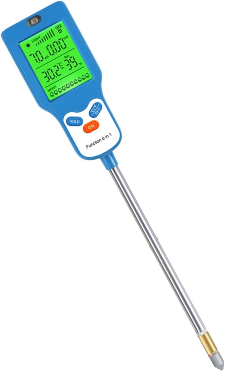 Bodemtester 6-in-1 - Grondmeter Tuin - Planten Groei Optimaliseren - Meet Temperatuur Vochtigheid Licht