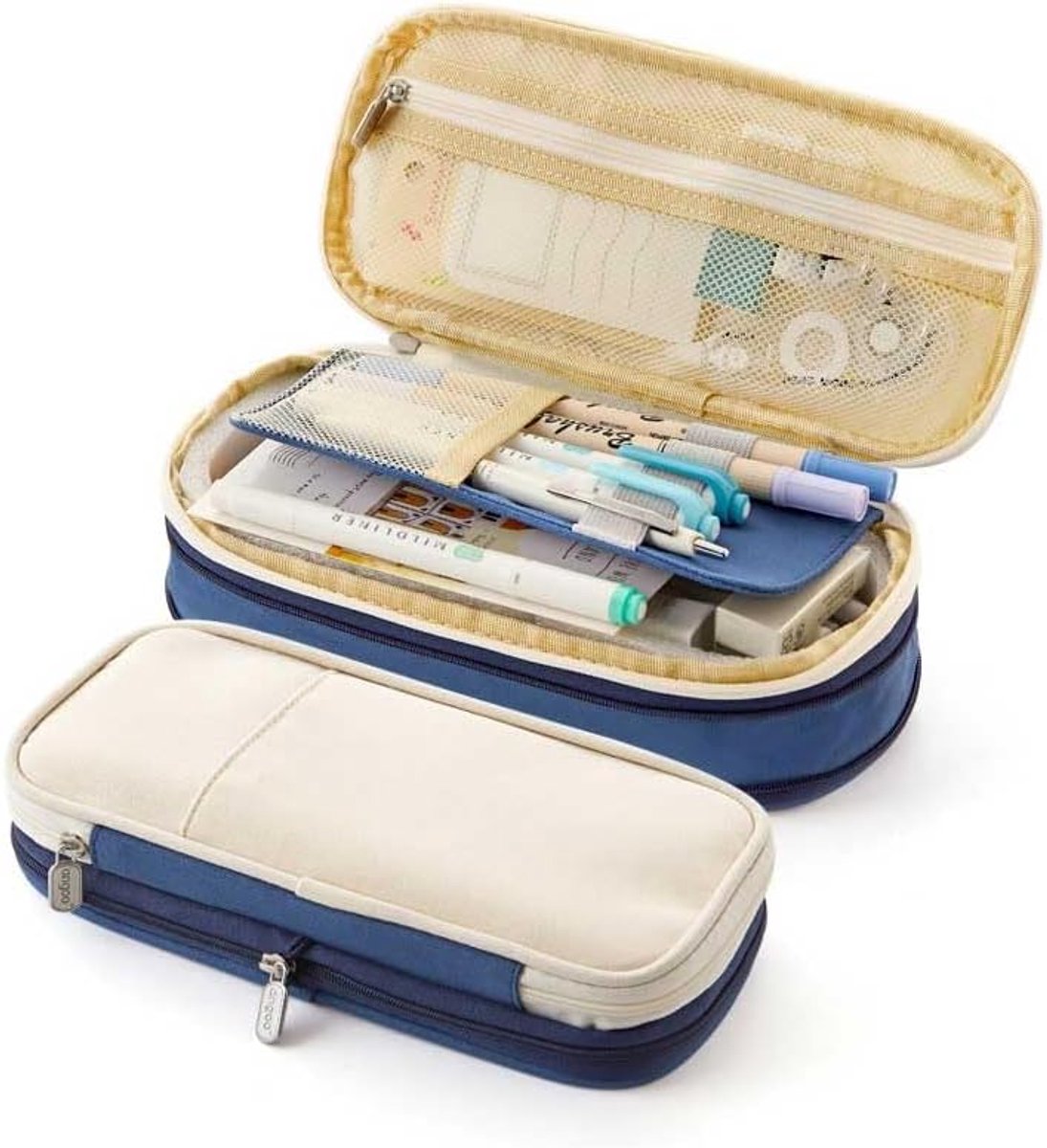 Potlood Tas - Etui Houder - Briefpapier Organiseren - Dubbel Laags - Grote Capaciteit - Donkerblauw