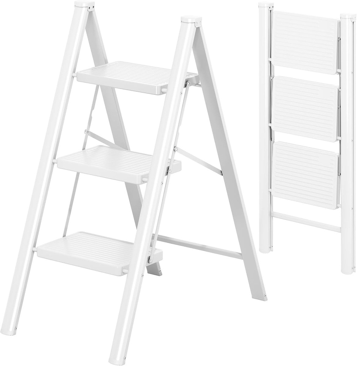 Trapladder 3 treden - Vouwladder antislip - Klusjes in huis - Belastbaar 150 kg - 41.2 x 93 cm - Wit