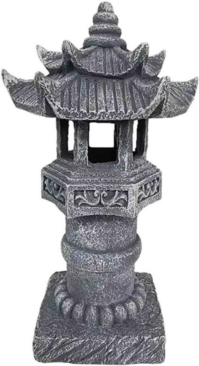 Zonne Pagode Lamp - Hars Lantaarn - Tuin Verlichting - Automatische Aan Zet - 36 x 22 cm - Steen Look