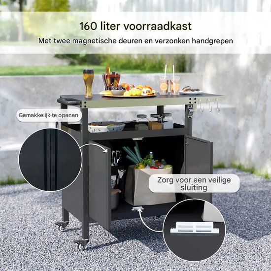Buitenkeuken op Wielen - BBQ Trolley - Met Opbergkast & Planken - Werktafel voor Buiten - Staal & Metaal - Multifunctioneel - Zwart — afbeelding 2