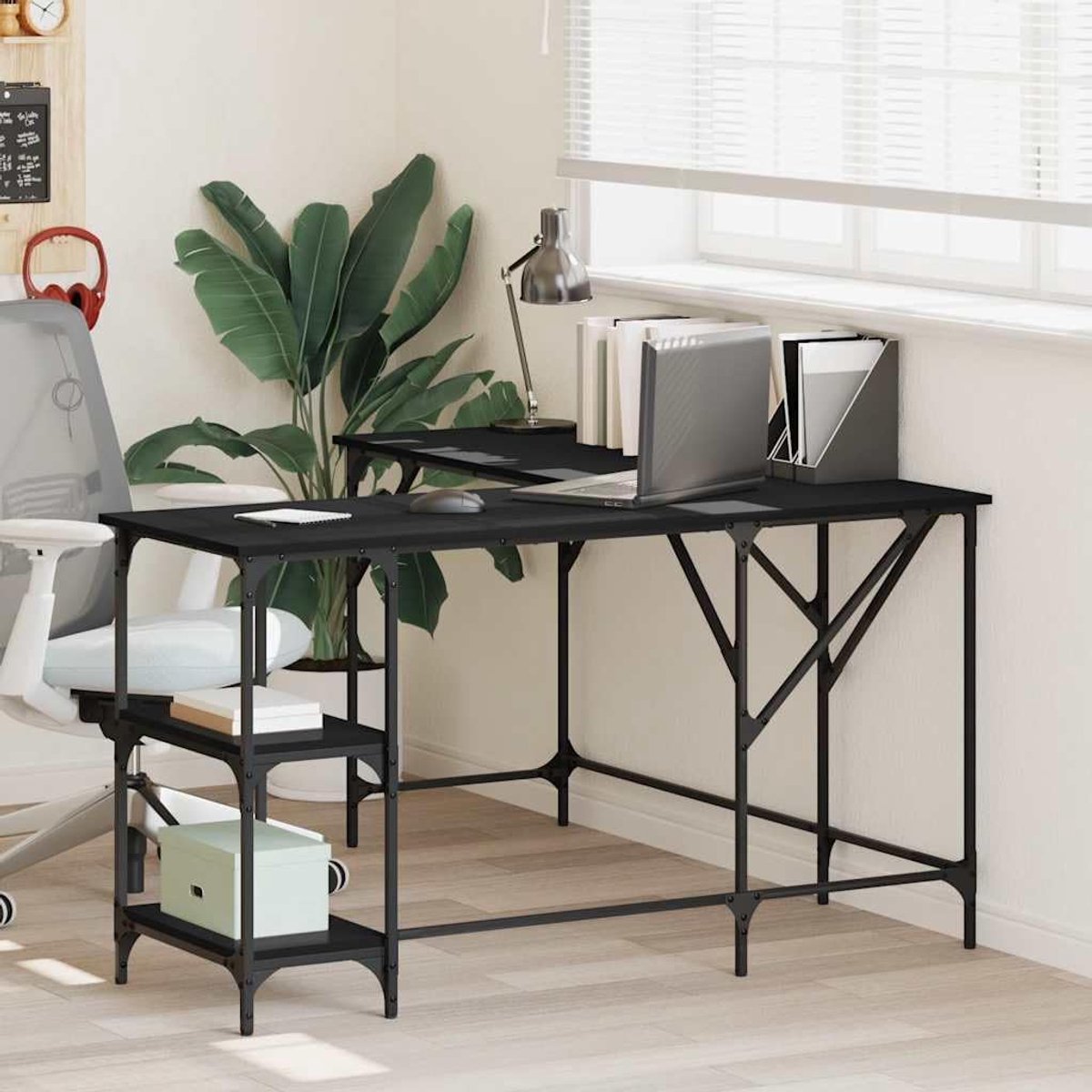 L-vormig bureau - Hoekbureau werkplek - Thuiswerken studeren - Ruimtebesparend design - 139x139x75 cm - Zwart