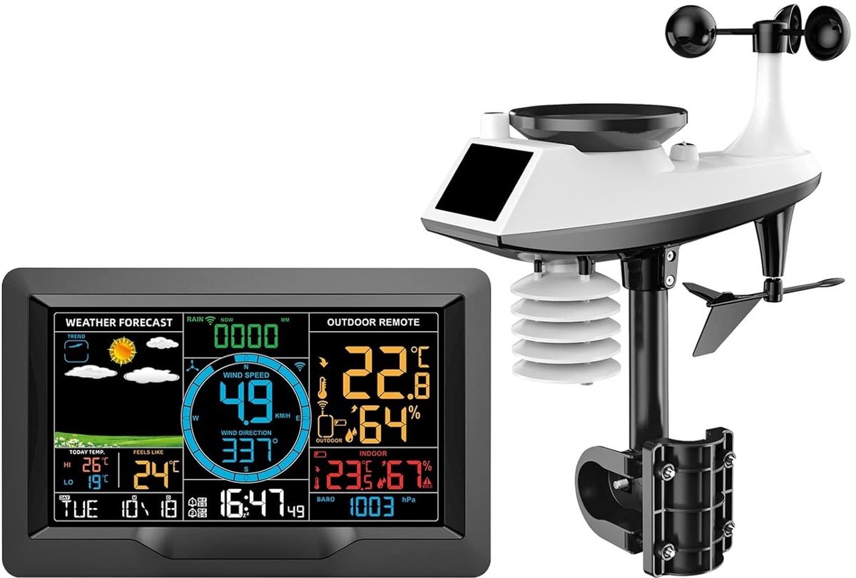 Weerstation Buiten - Weersensor Set - Weersvoorspelling Thuis - 8-in-1 Metingen - 100 Meter Bereik - Wit