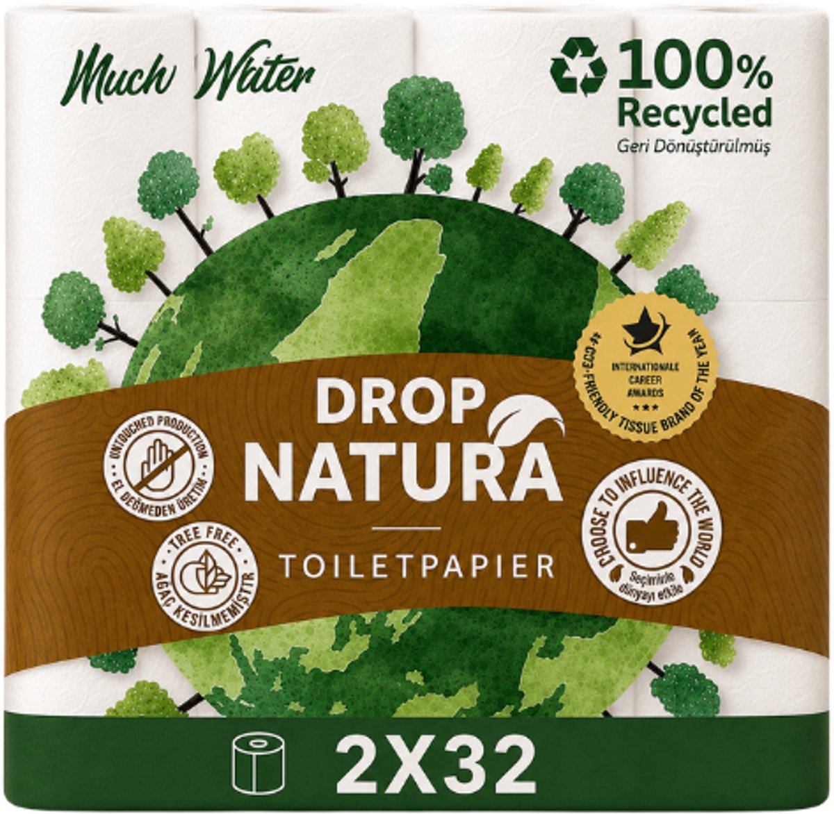 DROP Natura - 2x32 rollen toiletpapier - 64 Rollen - Ultiem comfort WC Papier, Superieure sterkte, Maximale absorptie & Pluisvrij - Voordeelverpakking WC Papier