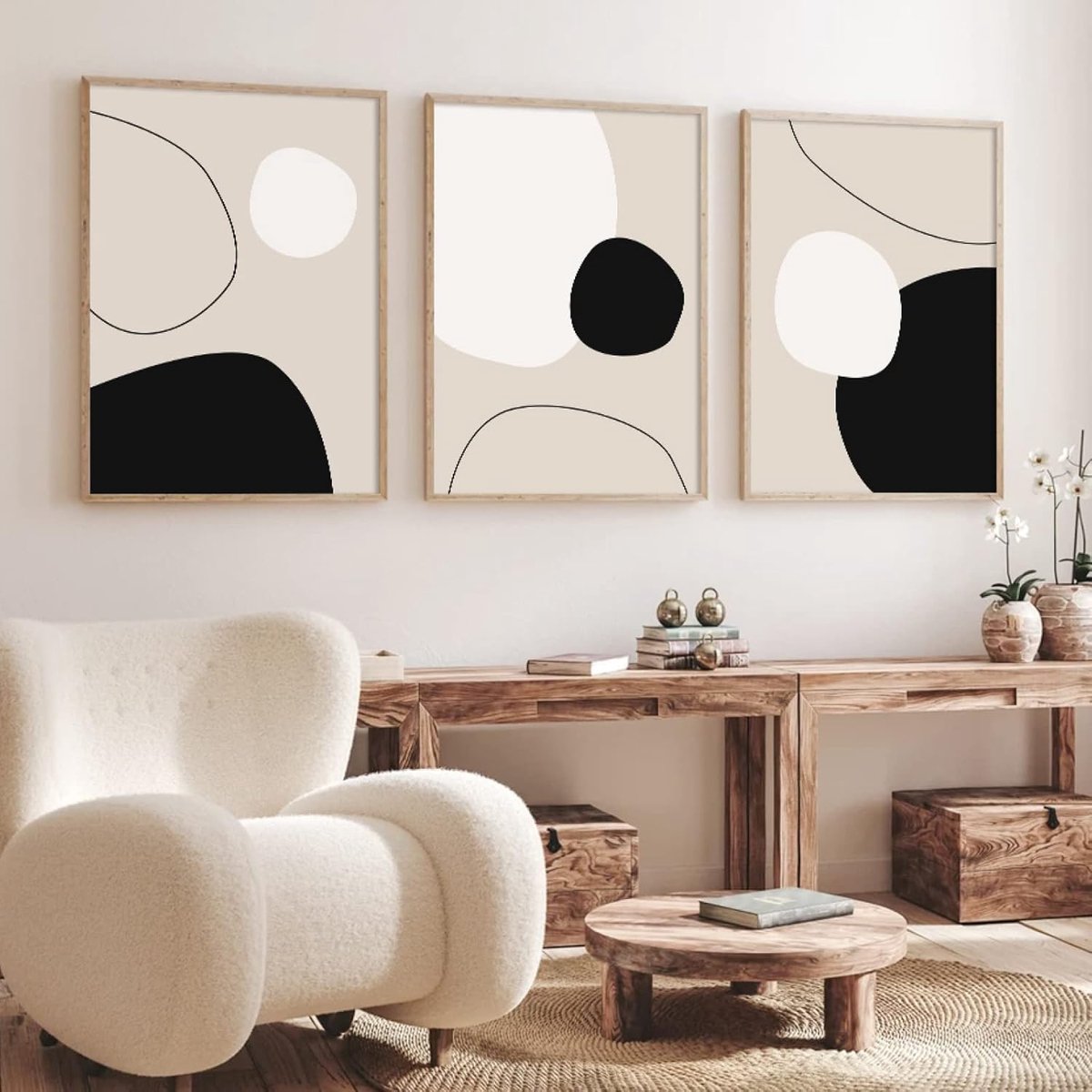 Canvas Schilderij - Wanddecoratie Set - Woonkamer Opvrolijken - Abstract Geometrisch - 3x 40x60cm - Zwart Beige
