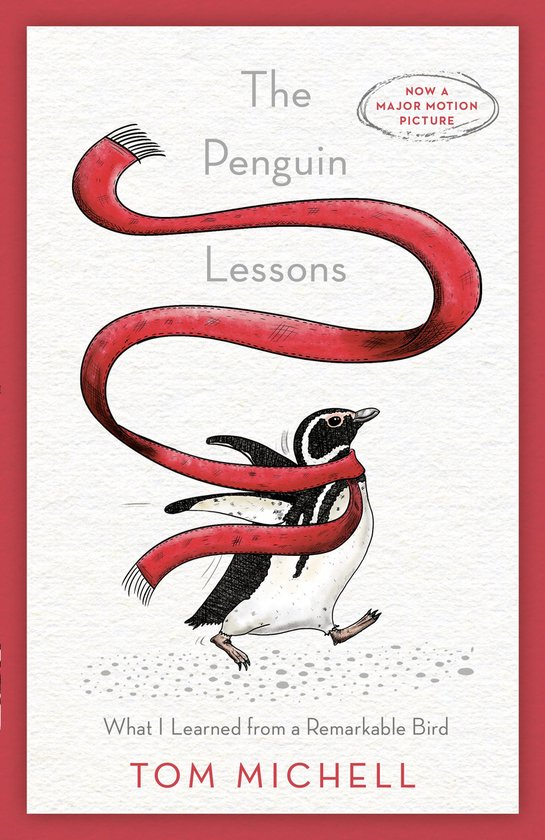 Boekkaft met de titel 'The Penguin Lessons' en een illustratie van een pinguïn met een rode sjaal.