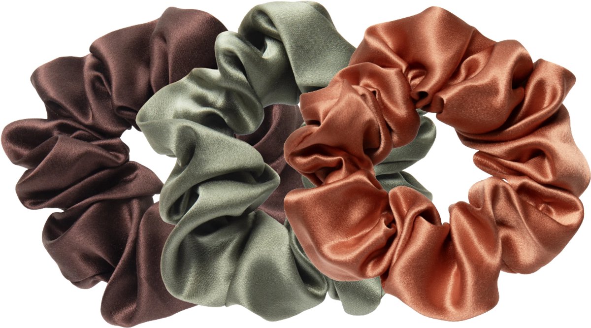 Walure Aesthetics Voordeelset Zijden Scrunchies – Set van 3 Haarelastieken – 100% Moerbeizijde (Mulberry Silk) – Earth Tones: Chocoladebruin, Saliegroen & Terra Oranje – Minder Haarbreuk & Pluis