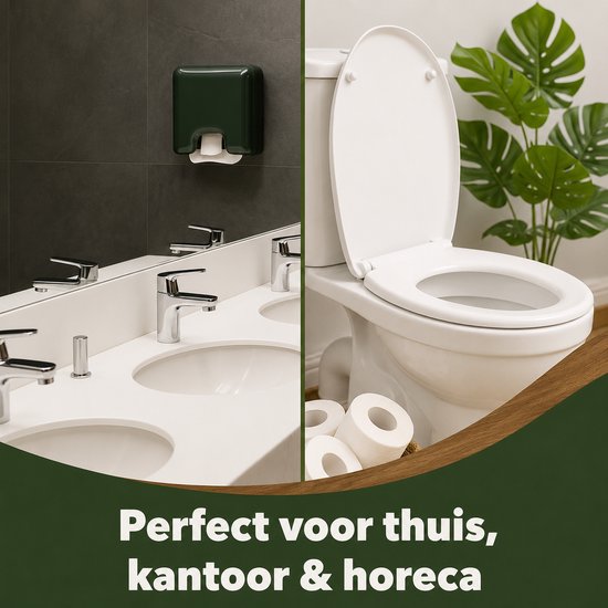Een badkamer met wastafels, spiegels, een toilet en planten, met twee rollen wc-papier in een mandje.