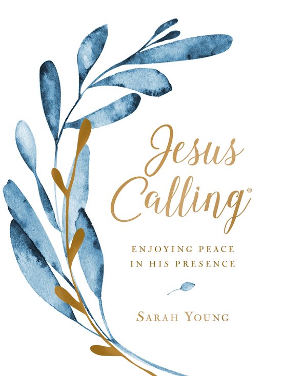 Livre "Jesus Calling" avec couverture botanique bleue et dorée.