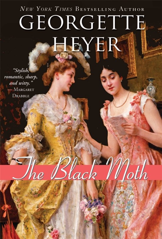 Boek 'The Black Moth' van Georgette Heyer met een schilderij van twee vrouwen in historische kleding.