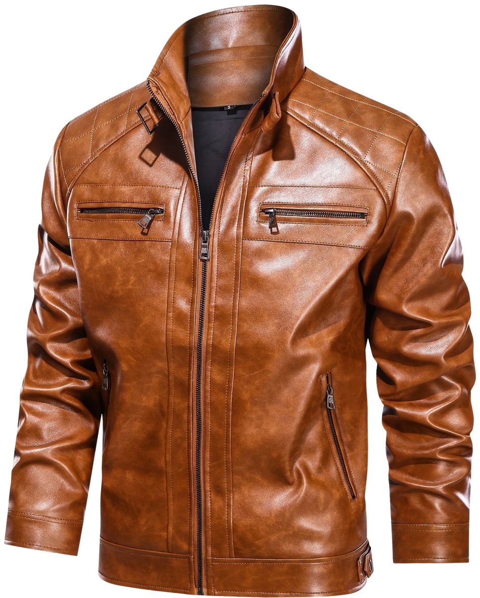 Currero Kunst Leren Jas Leather Jacket Lederen Jas Bomberjack Pilotenjack Blazer Biker Motorjas Motormuis Heren Brons Bruin