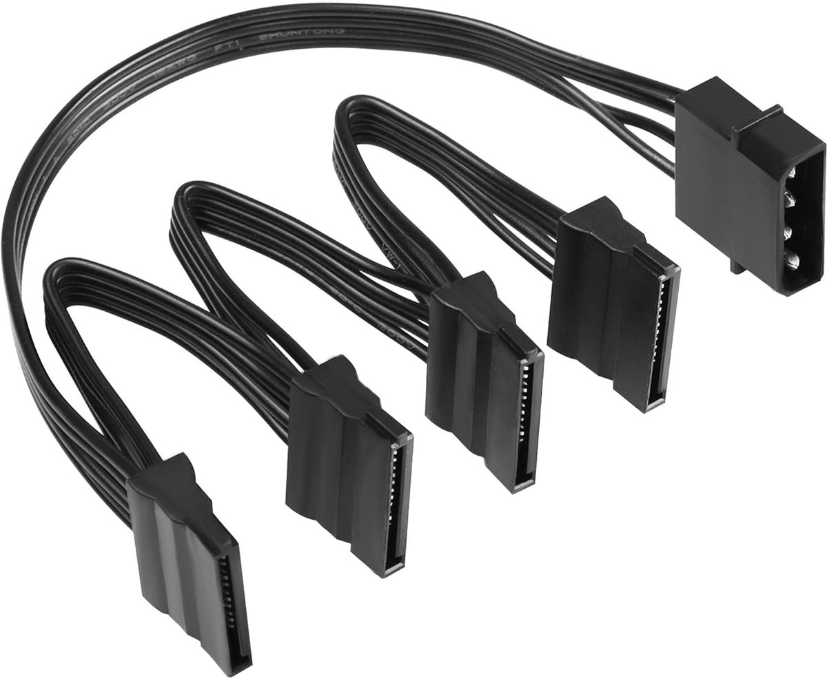 SinLoon SATA Power Distribution Cable - Large 4-Pin Plug To 3 x 15-Pin Connection For Hard Drives and SSDs - ShopVlot