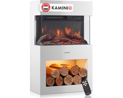 KAMINIO Elektrische haard HENRI - Elektrische houtkachel met verwarming, 3D-vlameffect, houtopslag, afstandsbediening - Wit