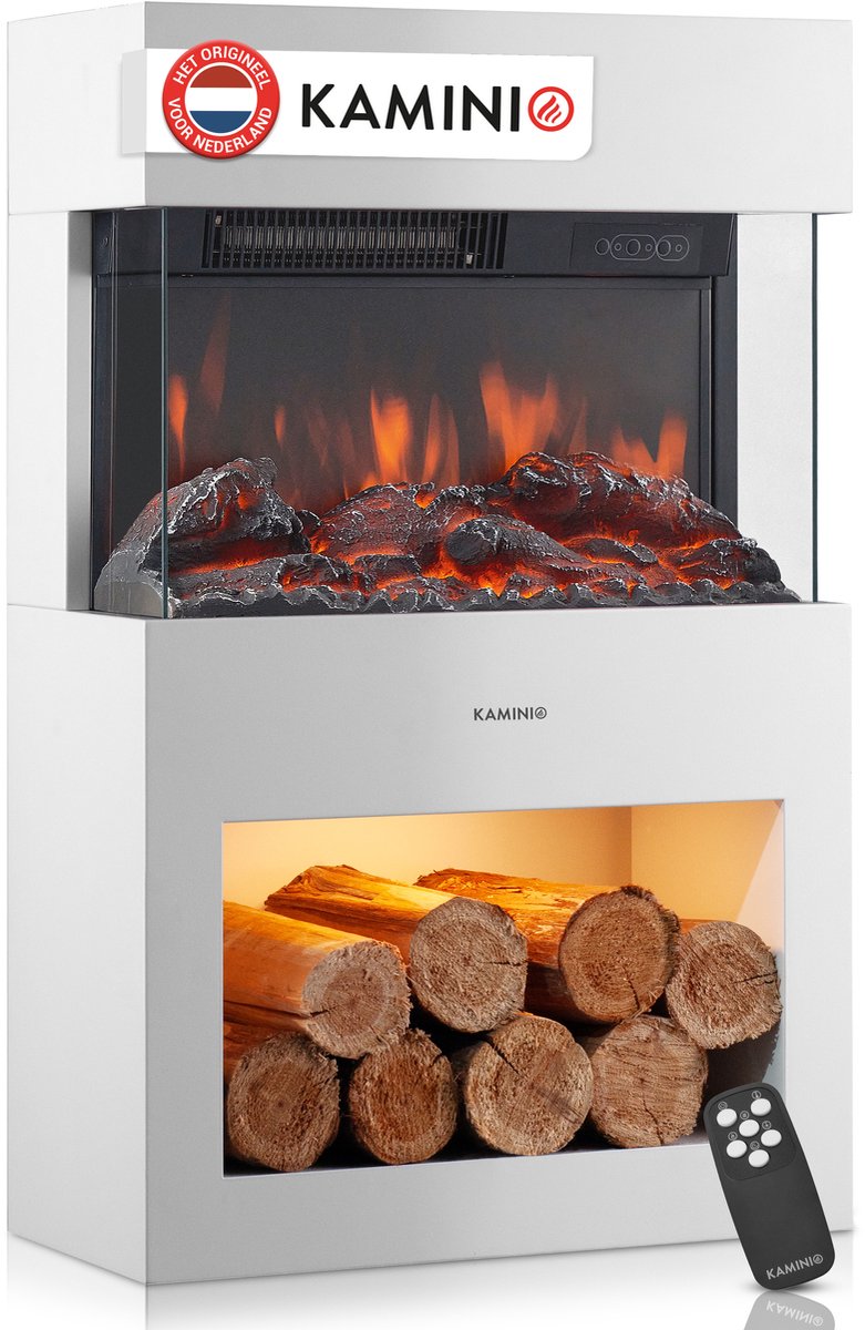 KAMINIO Elektrische haard HENRI - Elektrische houtkachel met verwarming, 3D-vlameffect, houtopslag, afstandsbediening - Wit
