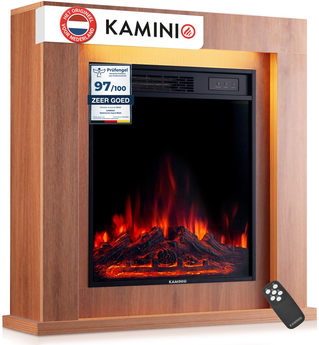 KAMINIO® Matti MODERN 32 Eikenhouten elektrische haard met verwarming [Vrijstaande haard] - Elektrische haard, vrijstaand met schouw, 3D-vlameffect in 5 standen, LED-sfeerverlichting, timer, thermostaat, afstandsbediening